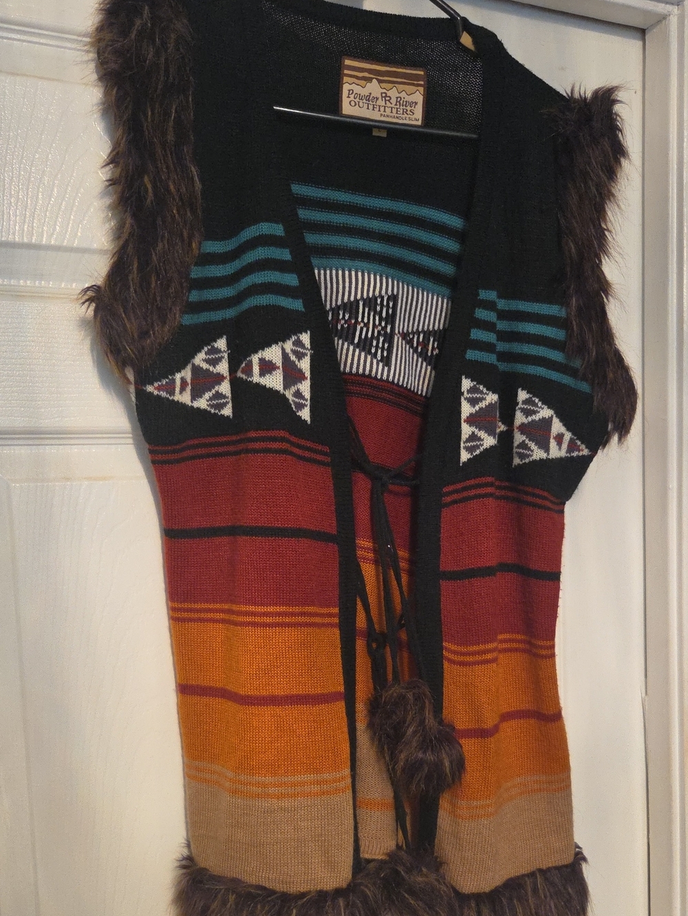 Powder Rivers Southwestern Knit Vest in Teal, Rust, Orange & Tan with Faux Fur